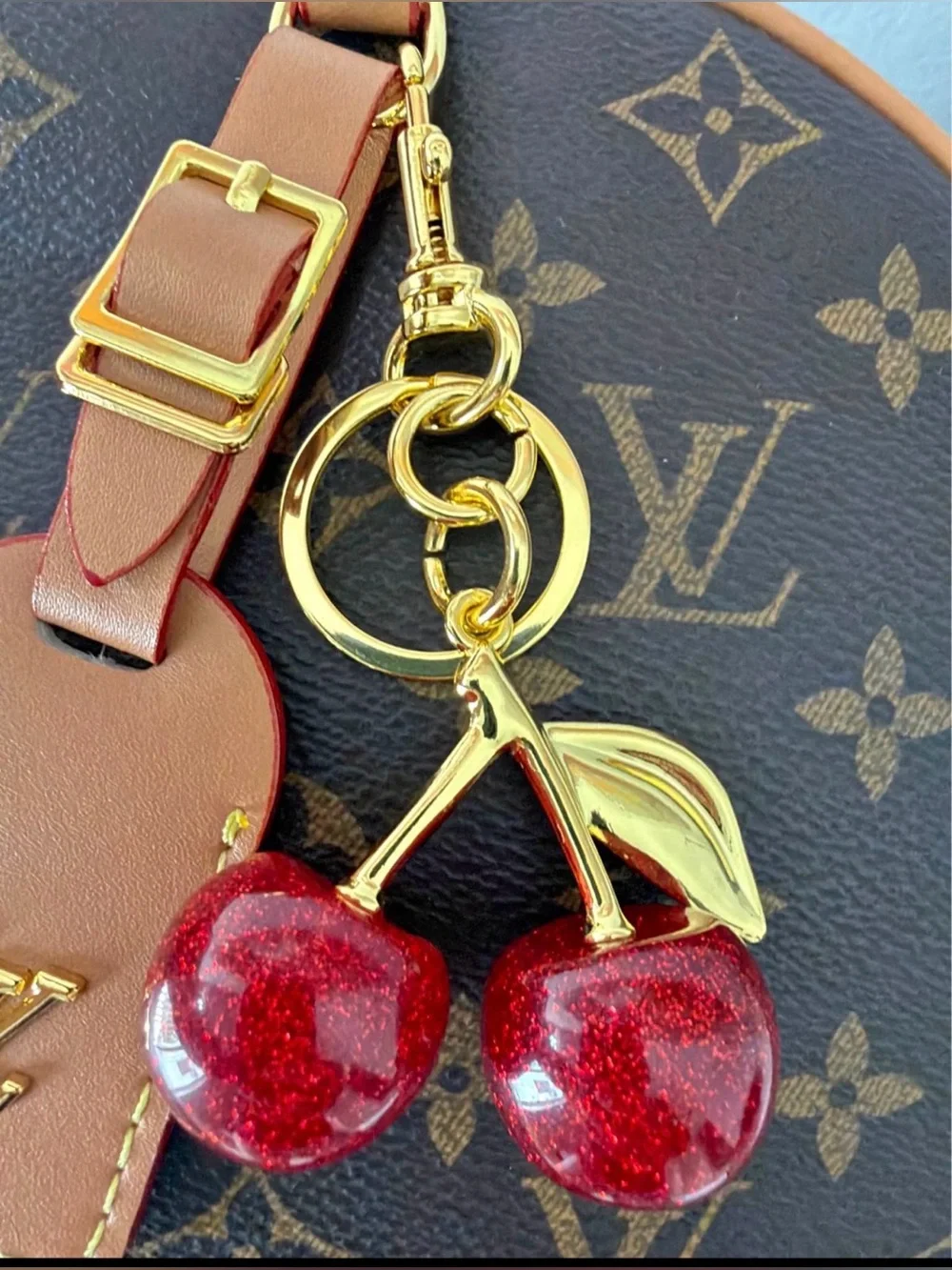 Red Glitter Cherry Bag Charm Key Holder with Gold Hardware-swipe colors